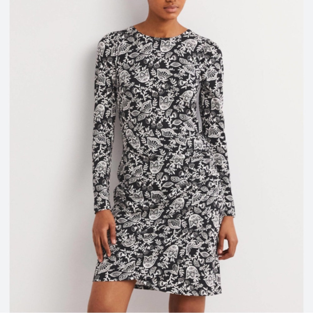 Boden Long Sleeve Ruched Jersey Midi Dress Black Tulip Vine 8L Casual Floral NWT